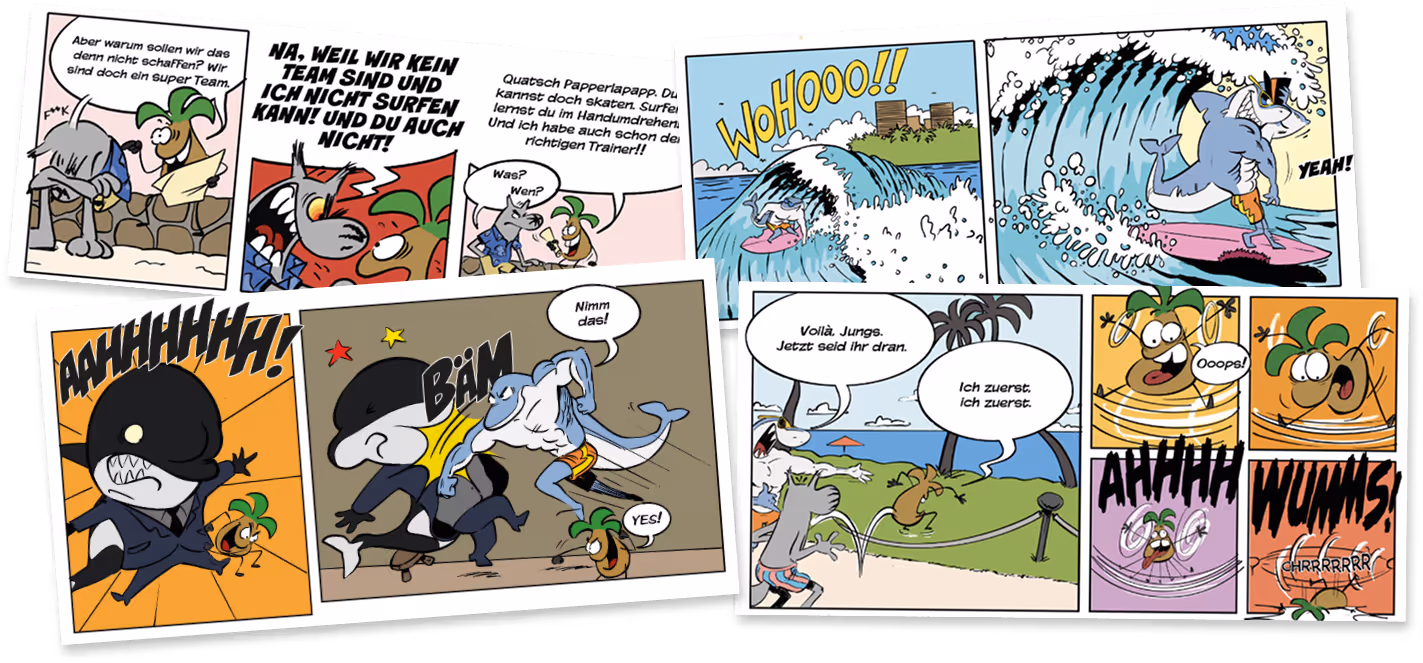 Surfbücher für Kinder – Comicpanels der Surfer Dudes