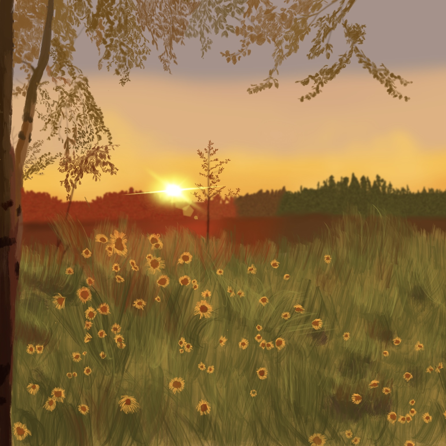 Digital Painting of the sun setting over a field of sunflowers