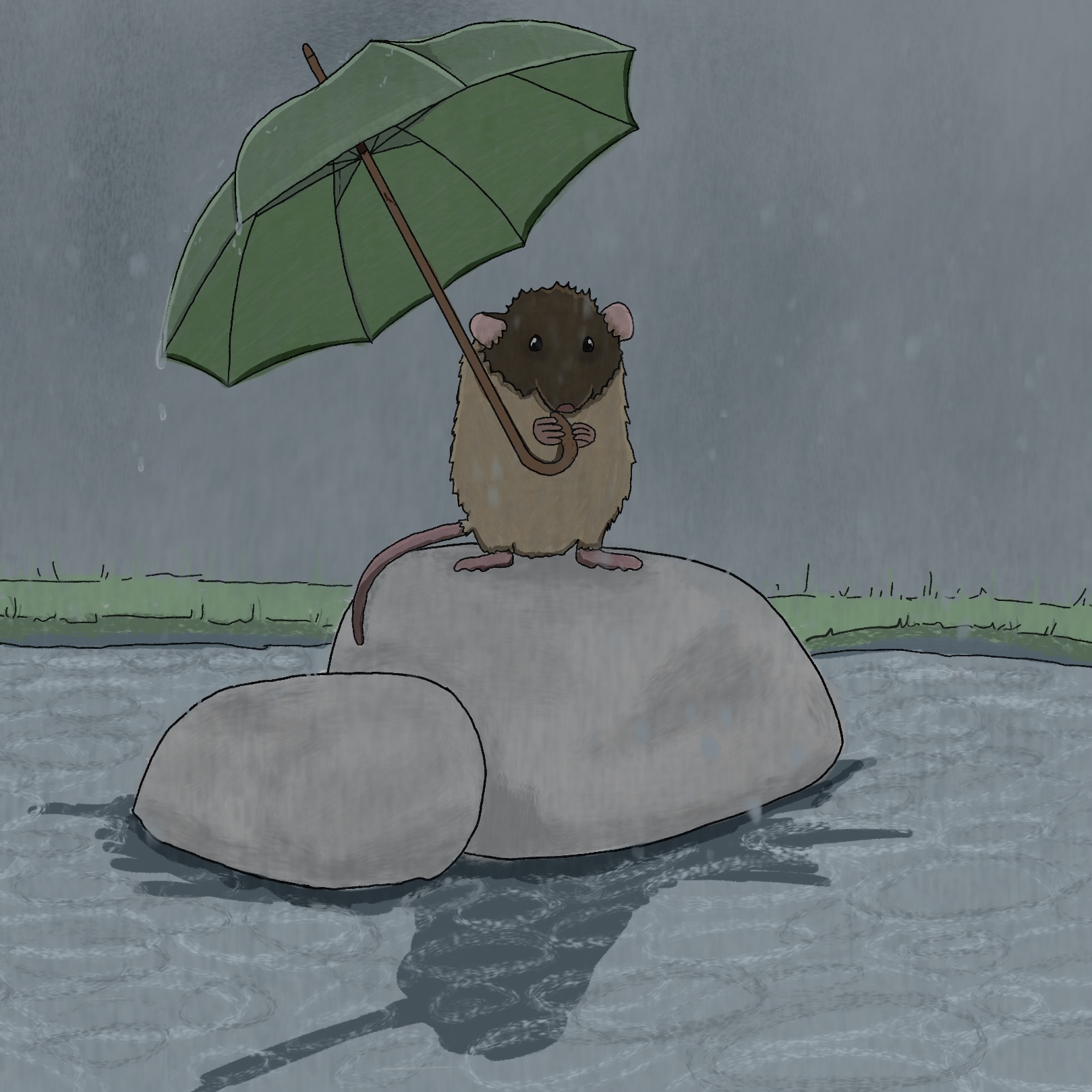Digital painting of a rat standing on a rock holding an umbrella