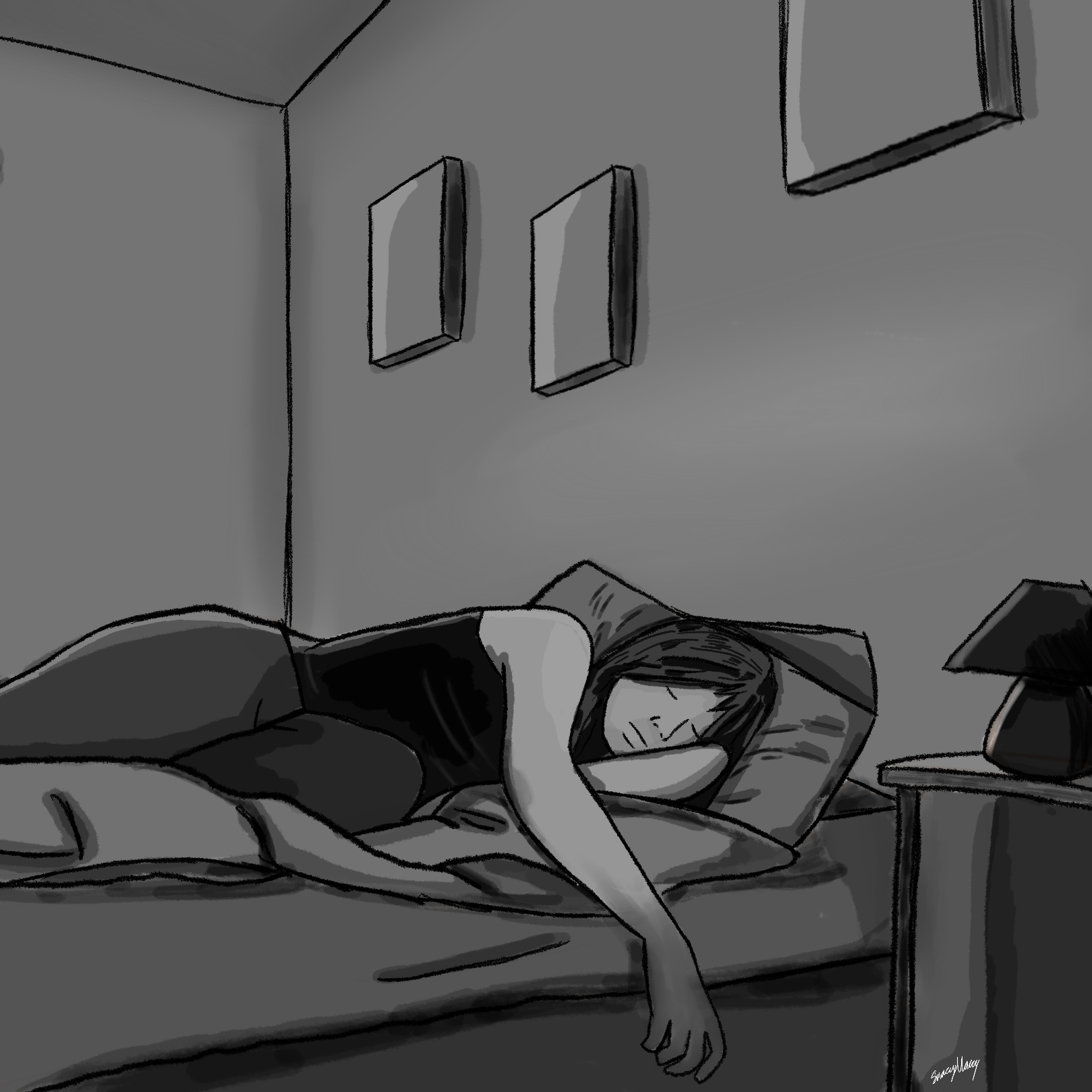 Digital drawing of person laying in bed