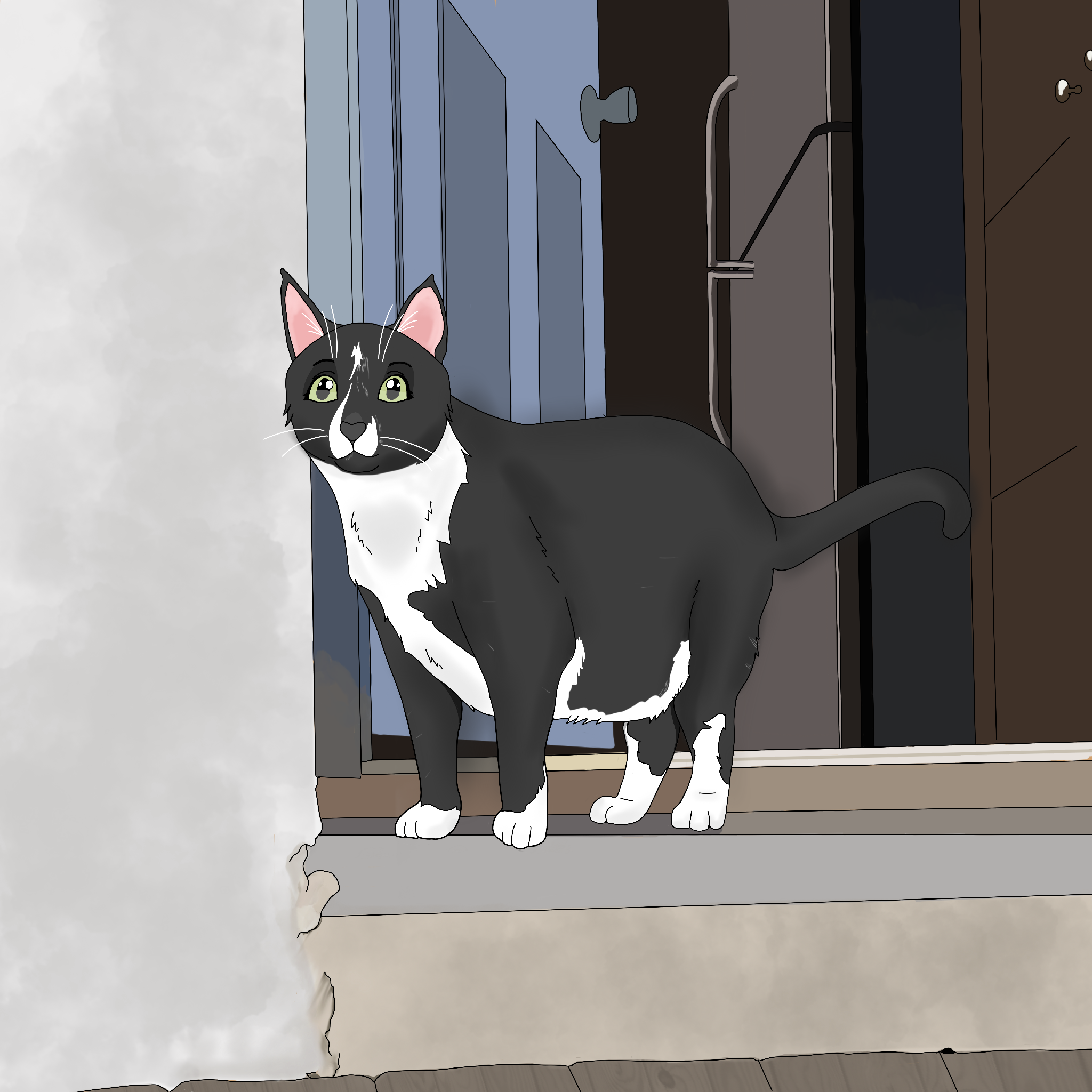 Digital painting of a cartoon style cat standing at the front door of a house