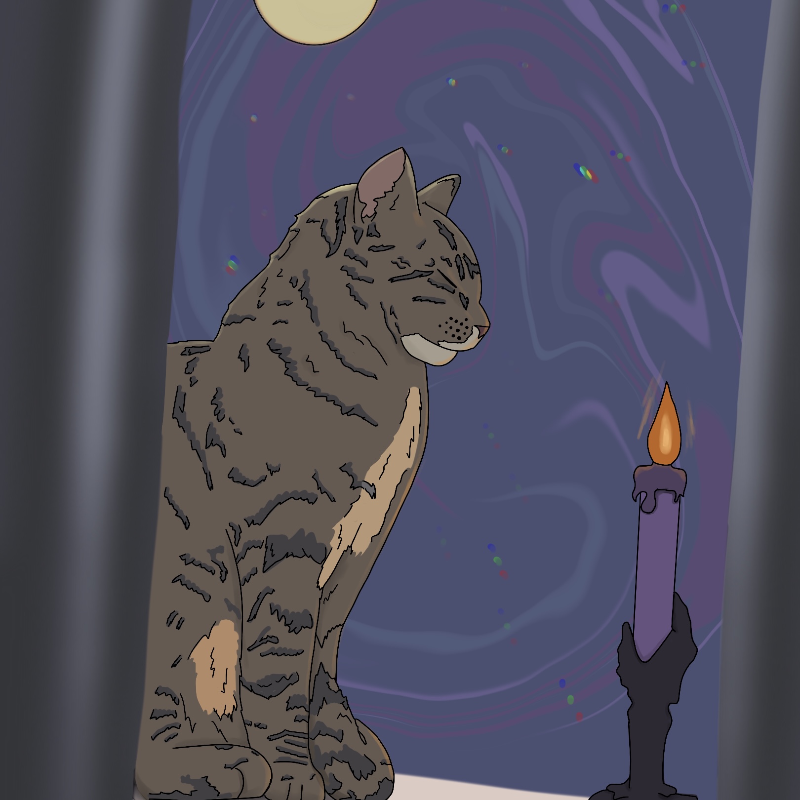 Digital drawing of a cat sitting on a window sill with a candle in front of them