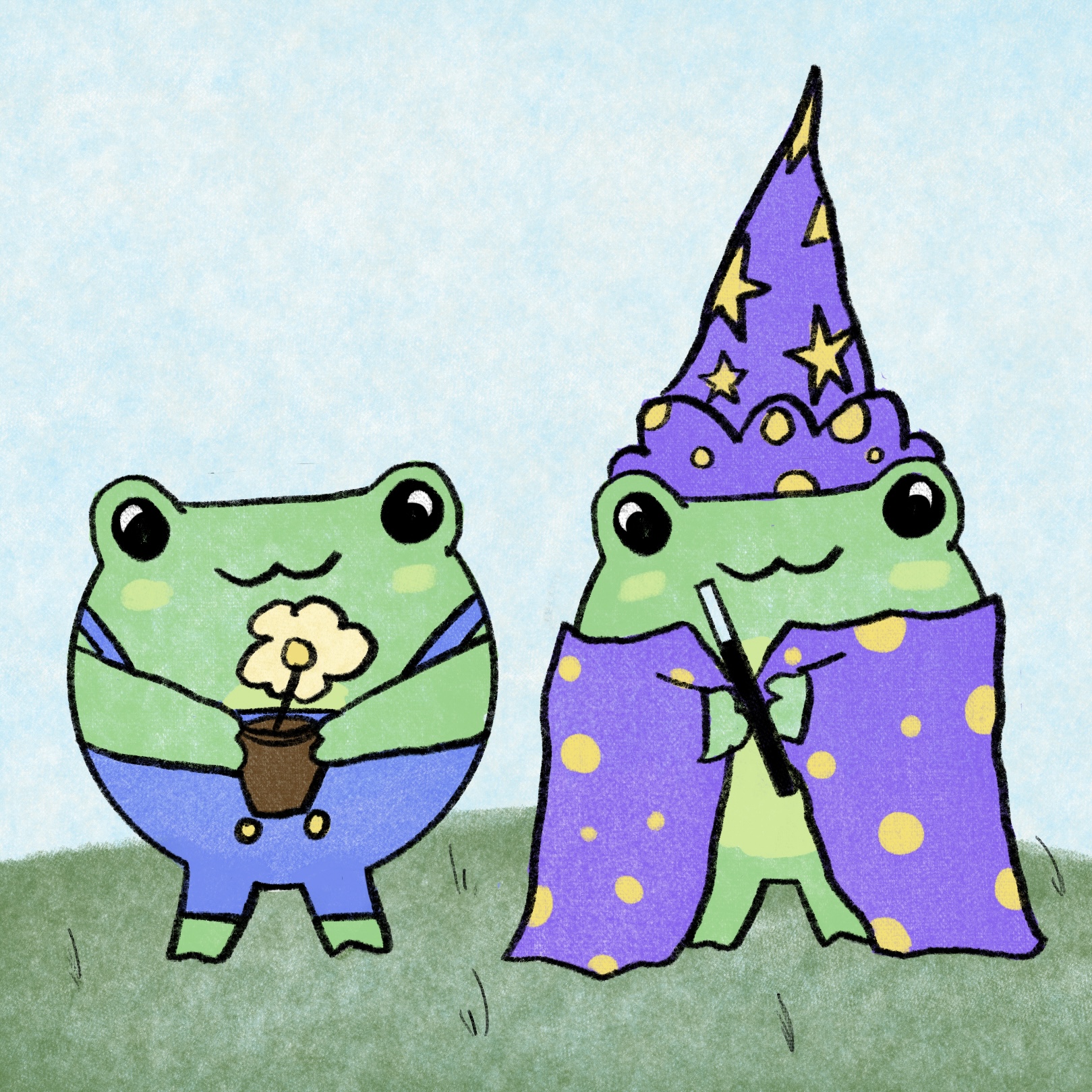 Digital Drawing of two frogs, one is a gardener and one is a wizard