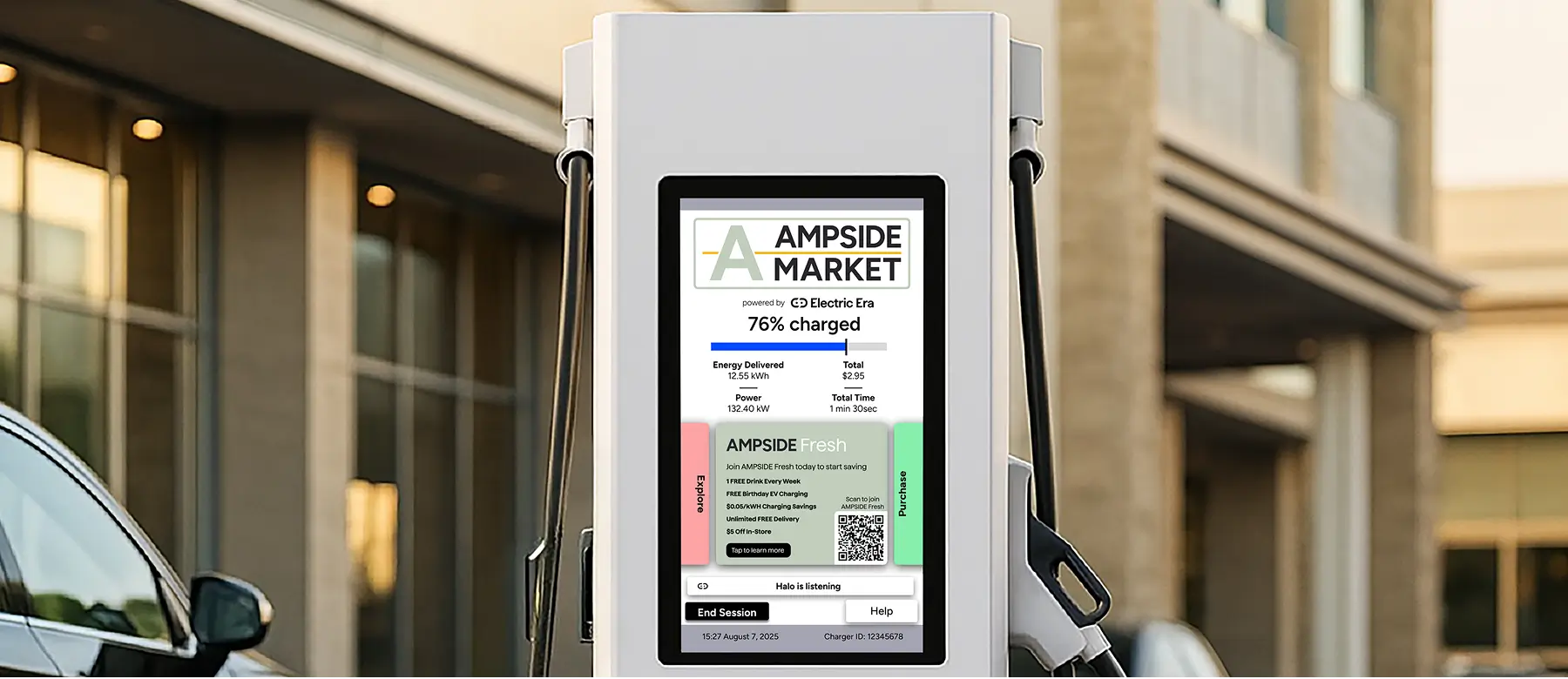 Base Station EV charging unit at Ampside Market, displaying charging details such as energy delivered, total cost, and time spent.