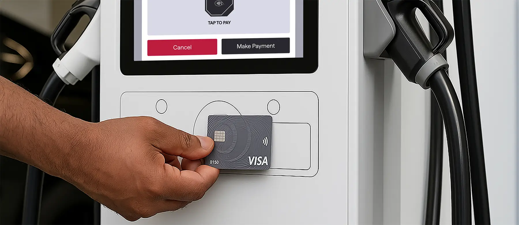 Close-up of a hand inserting a payment card into the card reader of the Base Station EV charging unit, with the touchscreen displaying options to 'Cancel' or 'Make Payment.'