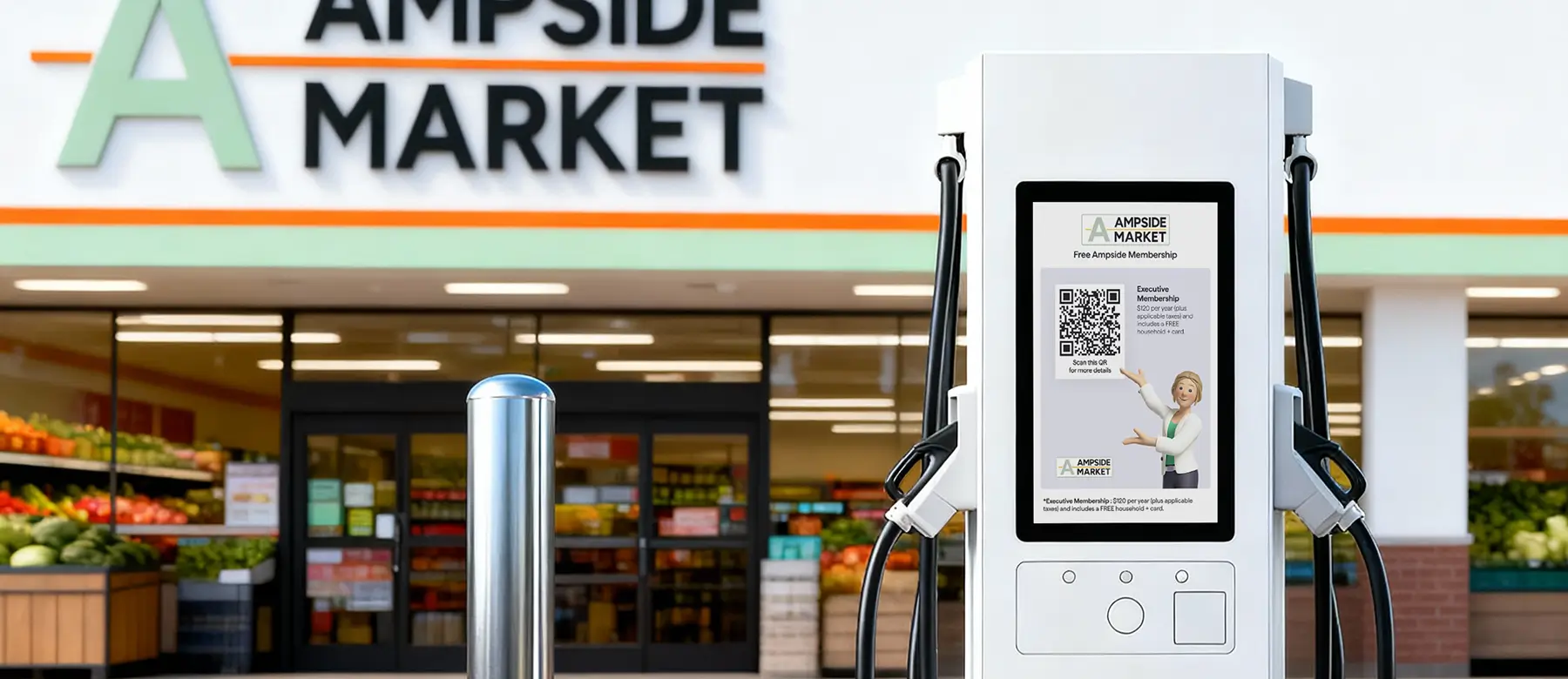Base Station EV charging unit at Ampside Market, with a touchscreen displaying the Free Ampside Membership offer and a QR code for easy sign-up. The charging station is in front of the market, showcasing the store's vibrant storefront with produce visible 