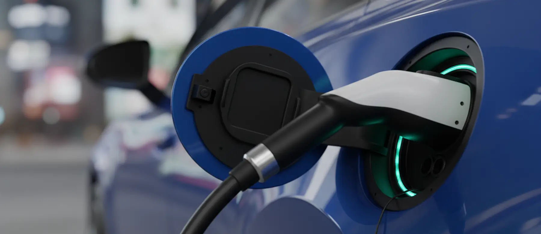 Close-up view of an electric car’s charging port with the charger plugged in. The charging port has a blue circle and the charger has a green illuminated ring, indicating it's in use.