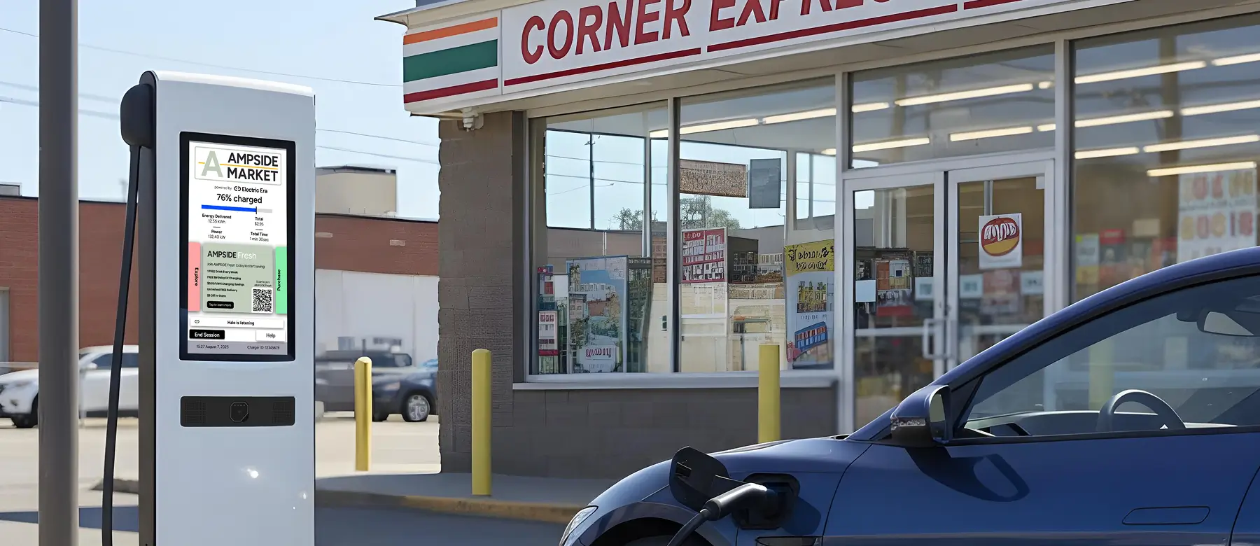 A close-up of an EV charger station outside a convenience store, with a vehicle charging. The screen on the charger shows the charging status, while the store's 'Corner Express' sign is visible in the background.