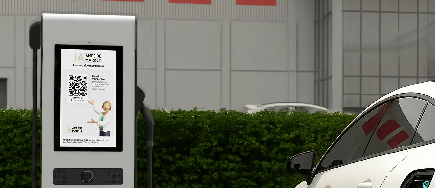 An EV charger with a screen displaying an advertisement for free AMPSIDE membership. The background shows a red and white building, with the focus on the charger and its screen featuring a QR code and a cartoon character.