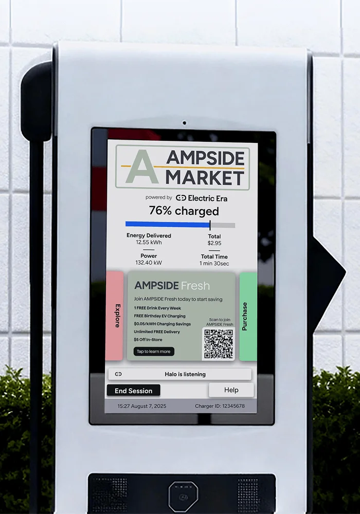 Close-up view of the RetailEdge charging station screen at Ampside Market, displaying real-time charging details such as energy delivered, total time, and pricing. The interface also promotes the AMPSIDE Fresh loyalty program with membership benefits like 