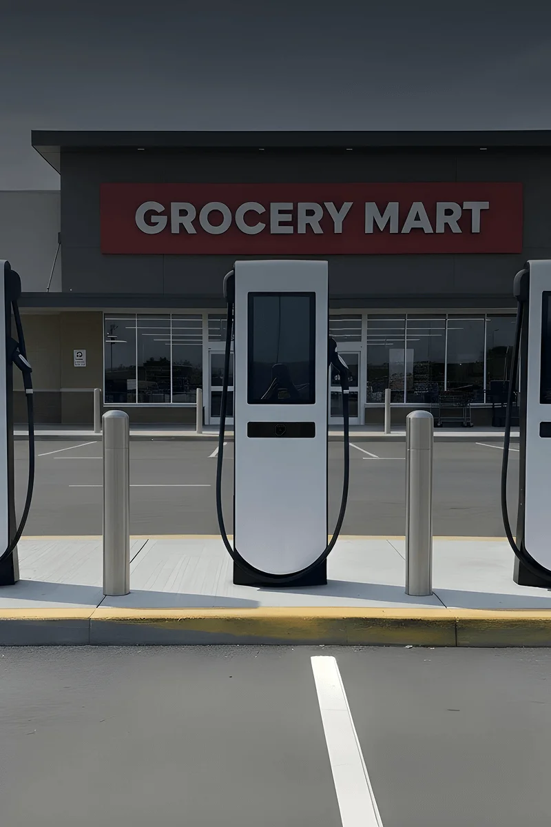 RetailEdge EV charging station outside a Grocery Mart, offering a convenient charging stop for customers while they shop. The modern station is visible with bollards securing the area, and the grocery store’s signage is clearly displayed in the background.