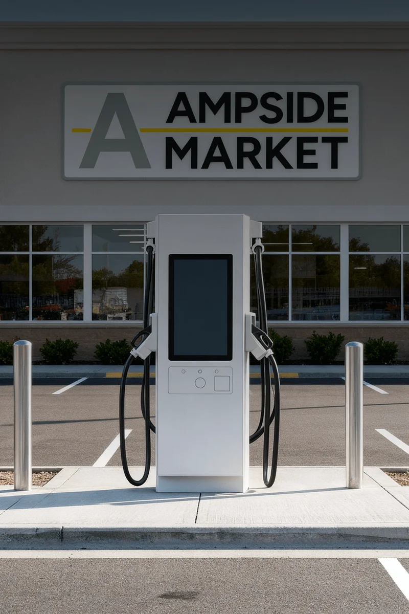 Base Station EV charging station outside a Grocery Mart, offering a convenient charging stop for customers while they shop. The modern station is visible with bollards securing the area, and the grocery store’s signage is clearly displayed