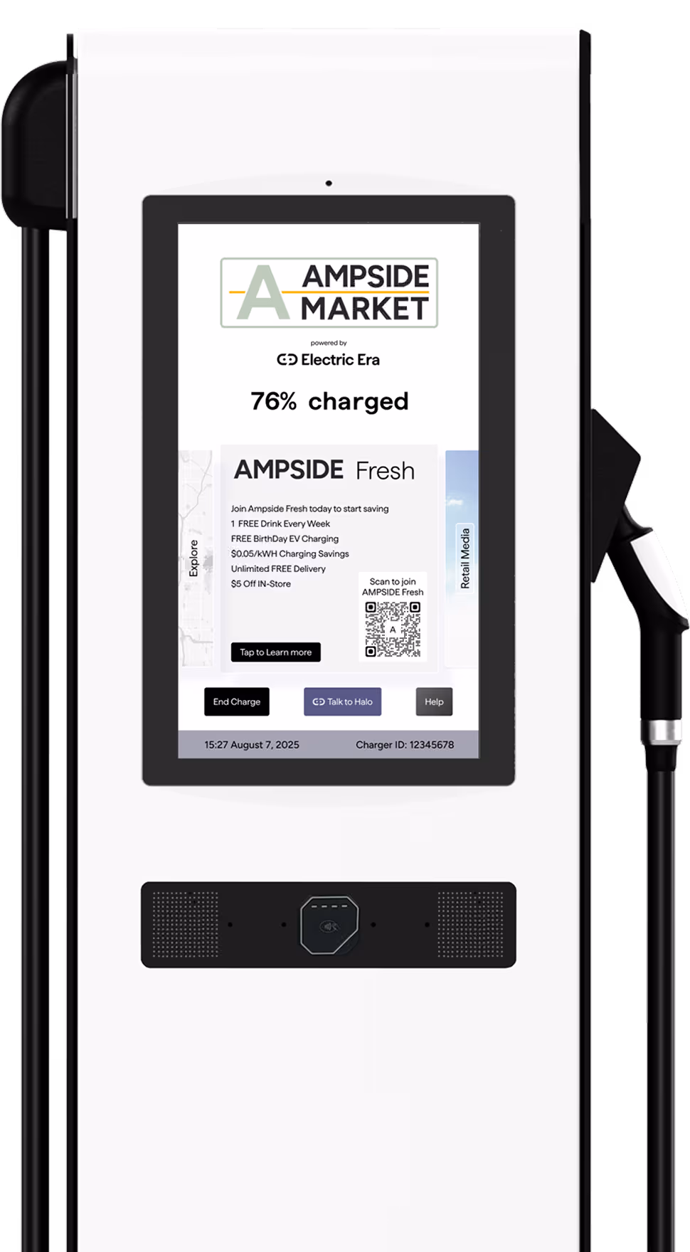 Retail-edge charging station has the Halo AI interactive interface for effecrtive and hassle free charging