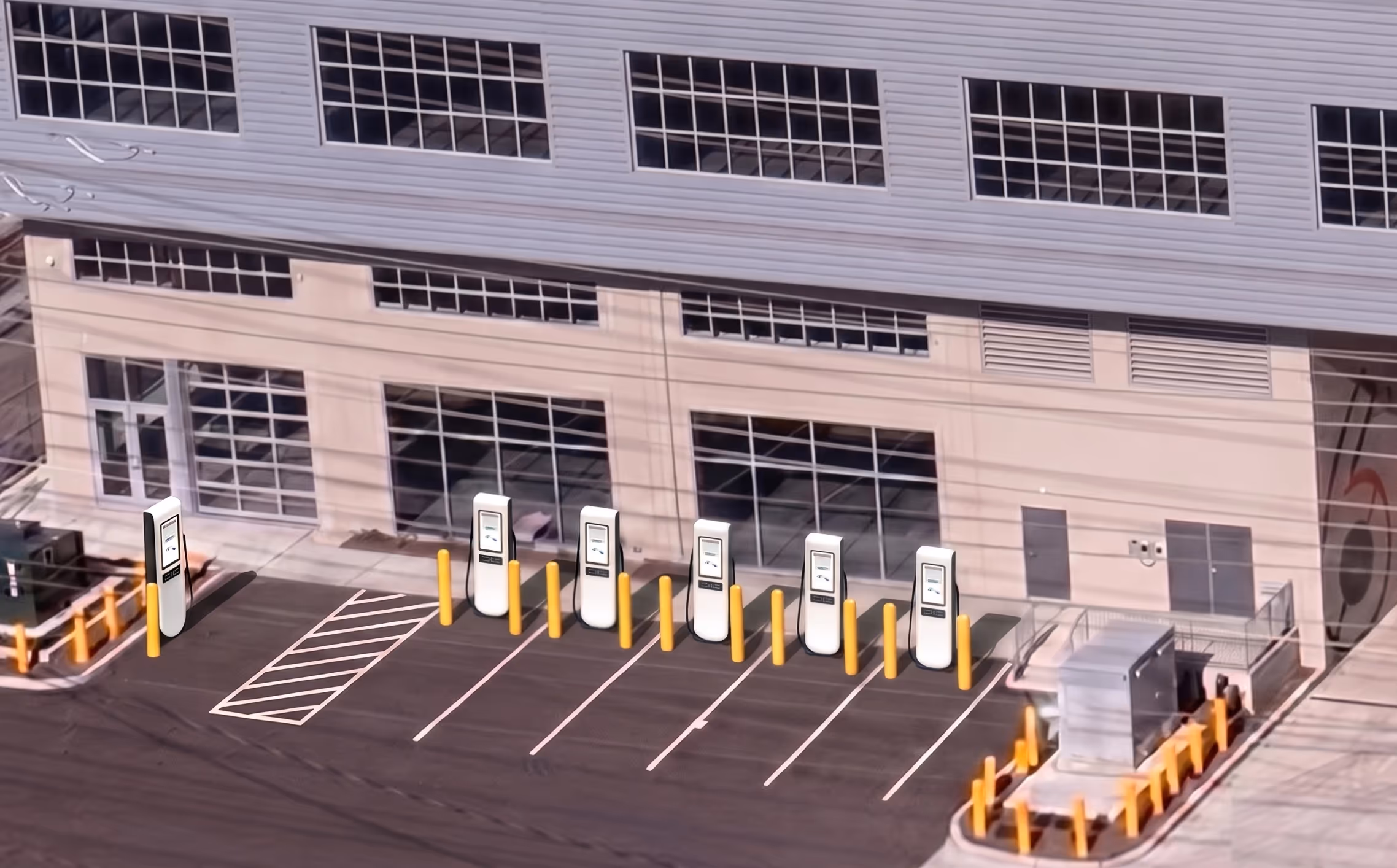 Rendering of a multi-stall EV charging site adjacent to a commercial building