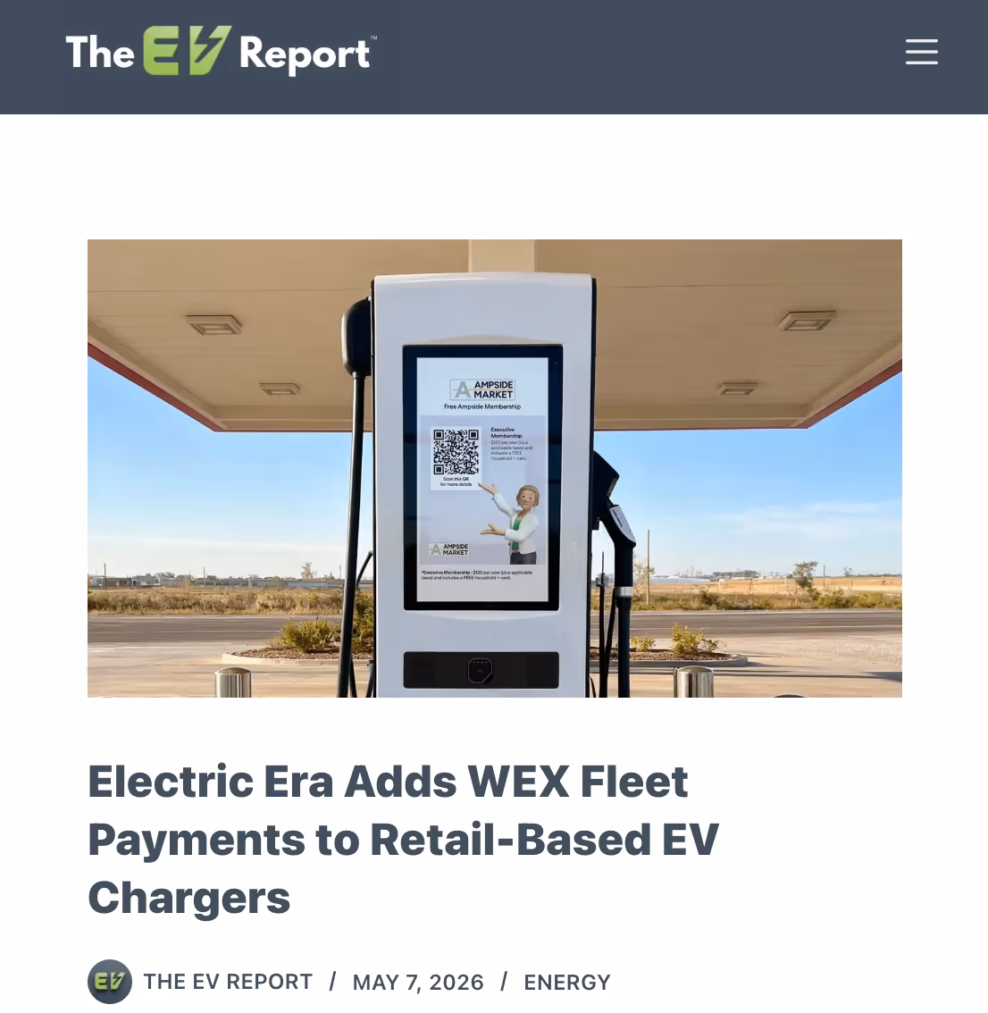 News article announcing Electric Era's support for WEX fleet payments at retail EV charging stations