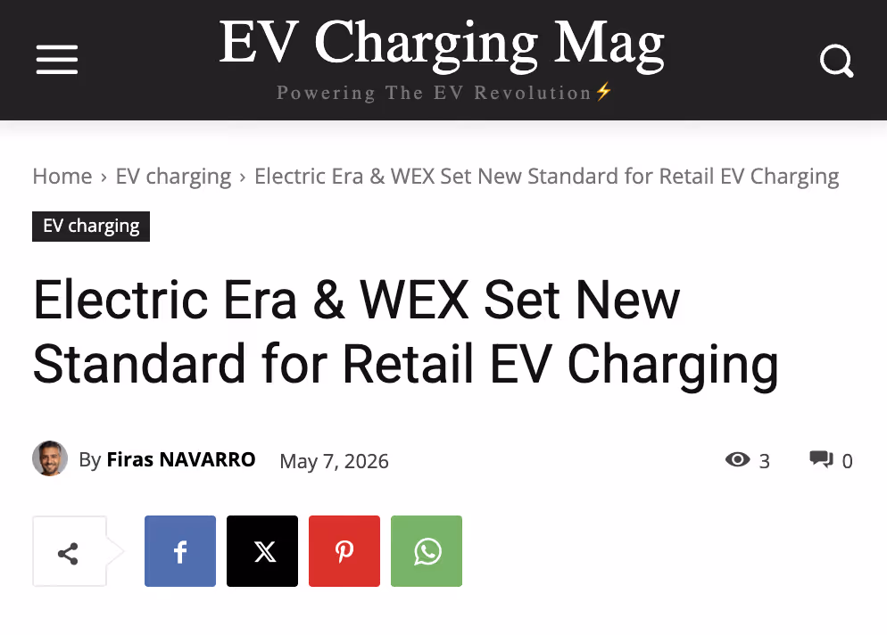 Electric Era and WEX establish a new standard for retail EV charging payments and fleet access