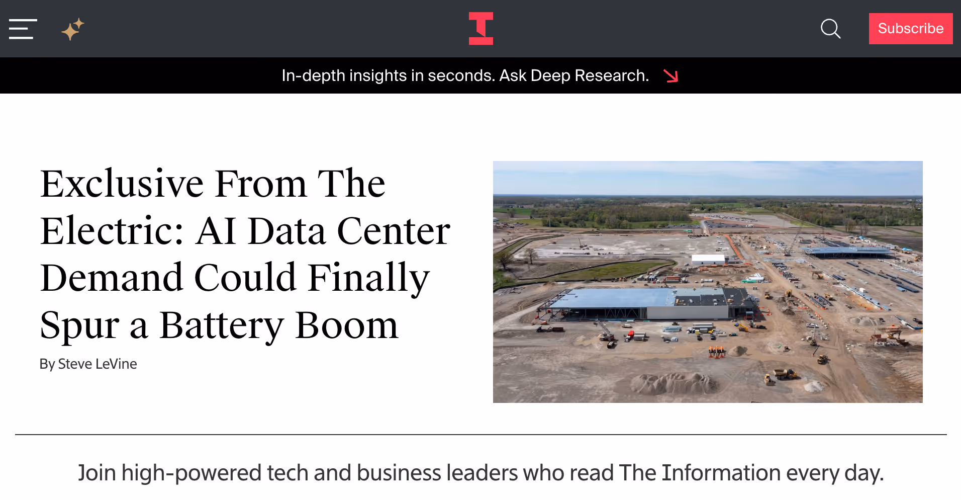 News article discussing how AI data center growth could drive demand for battery energy storage