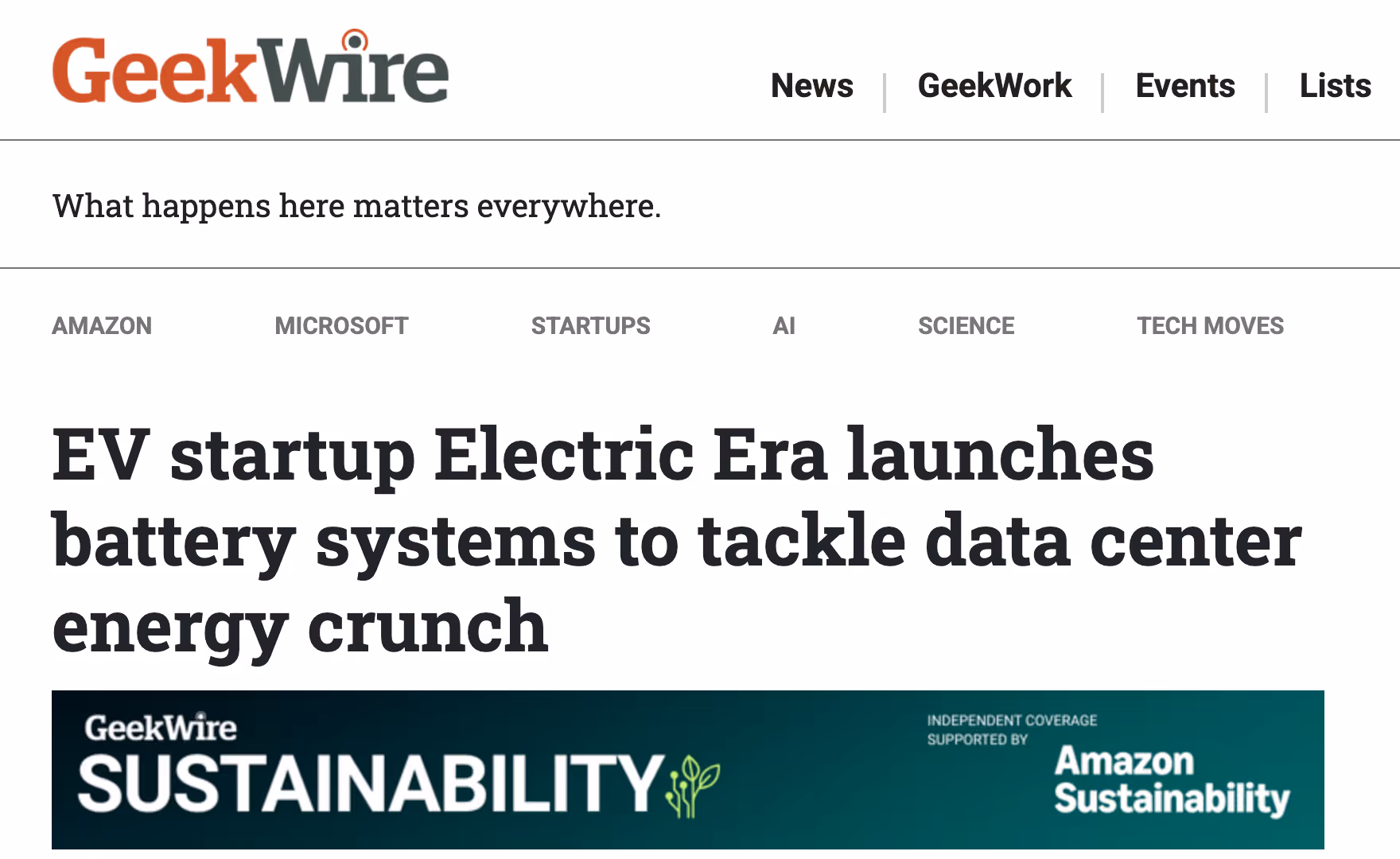GeekWire article covering Electric Era's battery systems for addressing data center energy demand