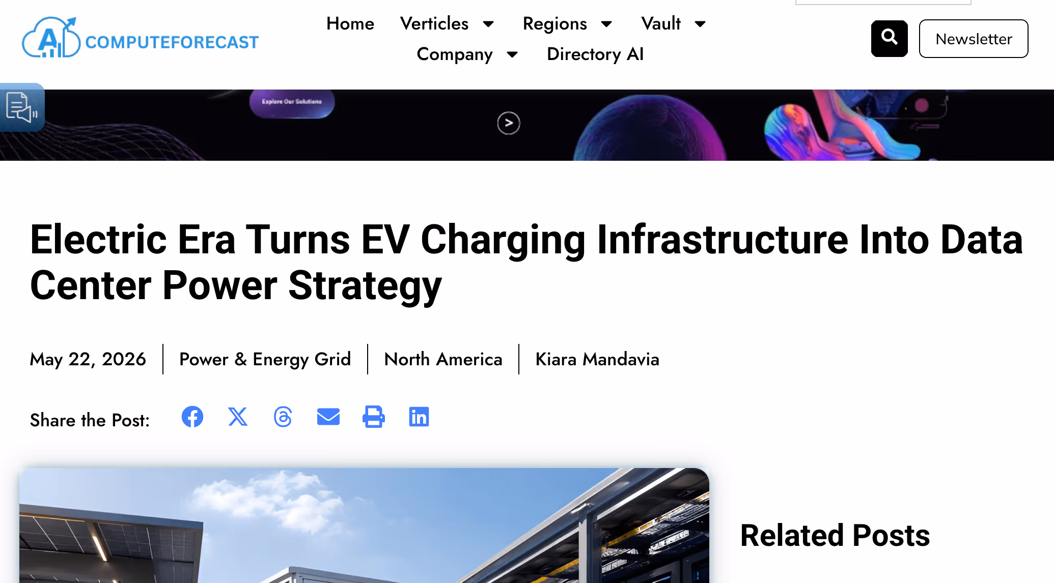 News article covering Electric Era's use of EV charging infrastructure to support data center power solutions