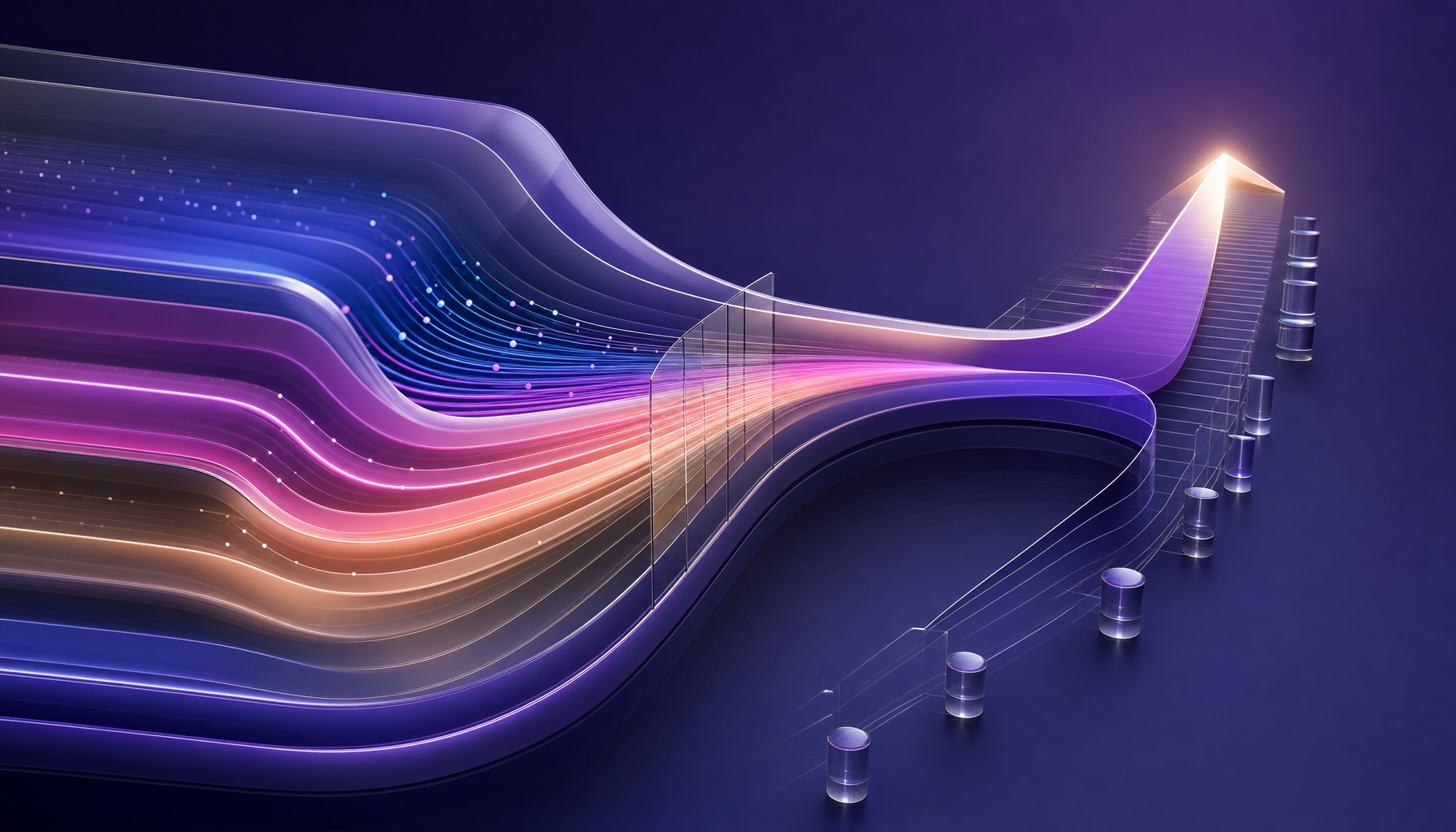 Abstract investment data streams converging into a controlled decision path