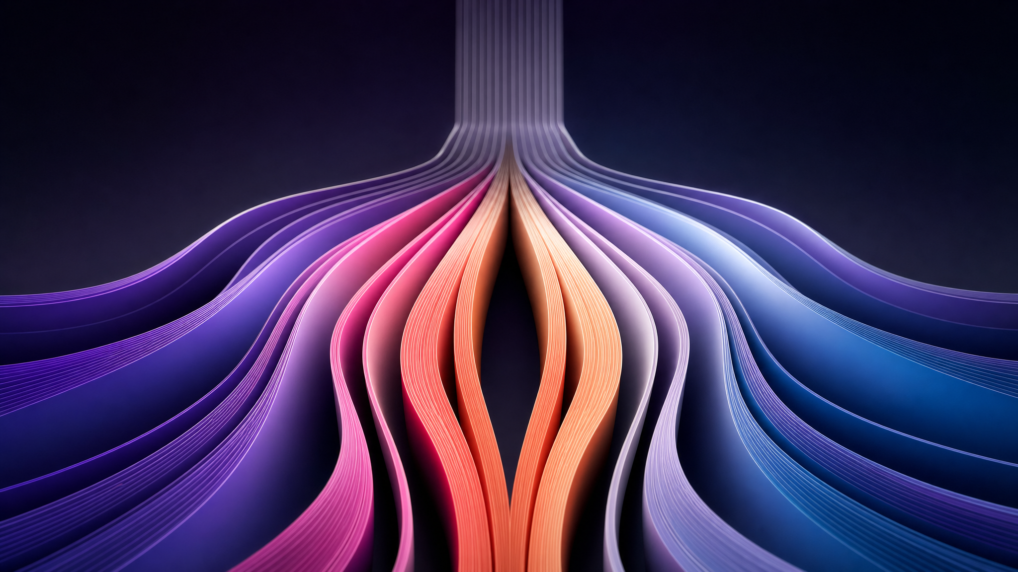 Abstract purple, magenta, peach, and blue paths representing Loopio alternatives.
