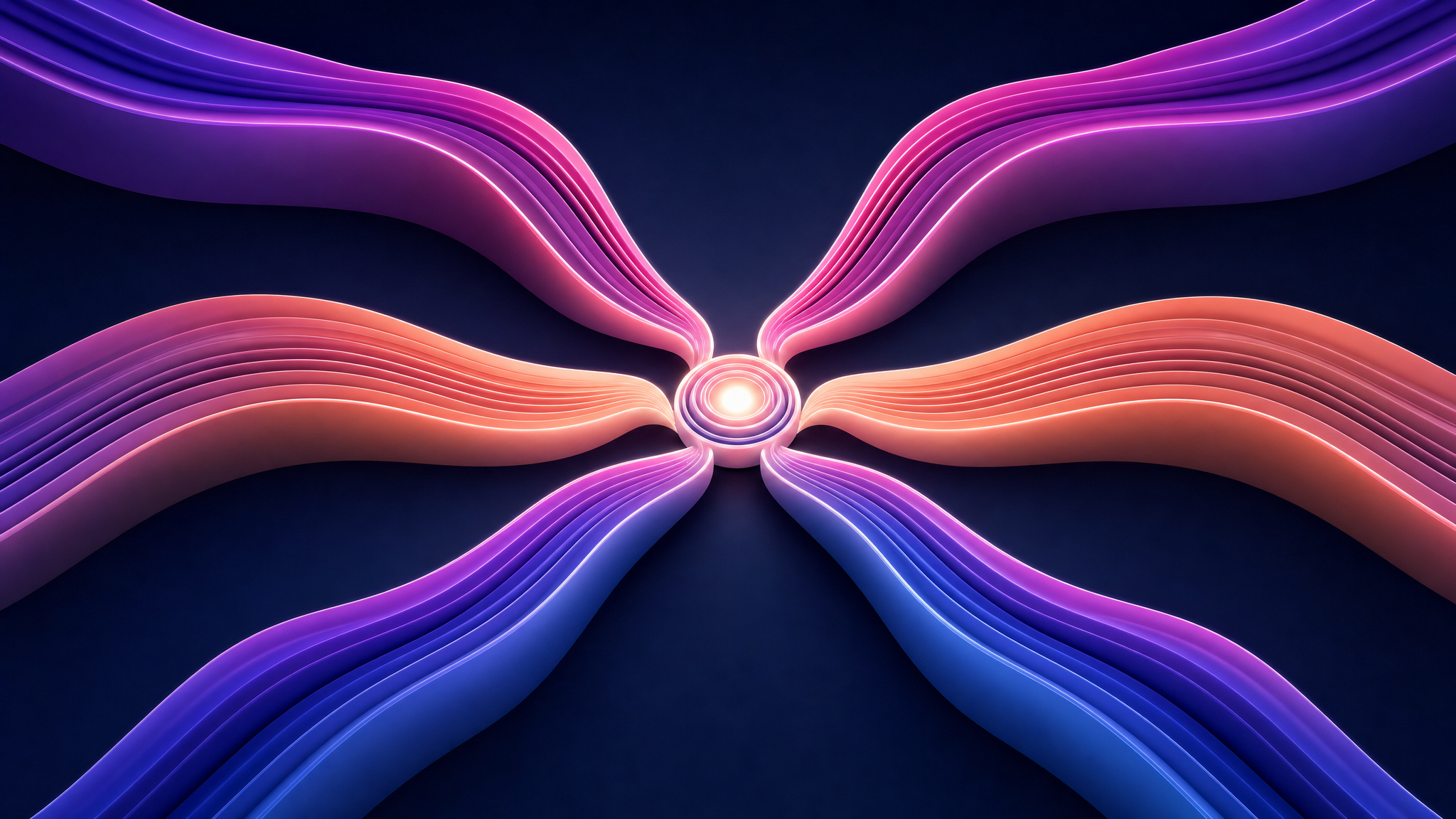 Six abstract purple, magenta, peach, and blue paths converging around a central hub to represent RFP tools.