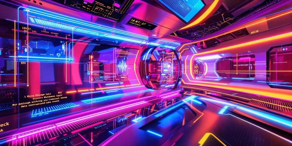 Futuristic digital interfaces with sleek neon glowing metallic finishes shine.