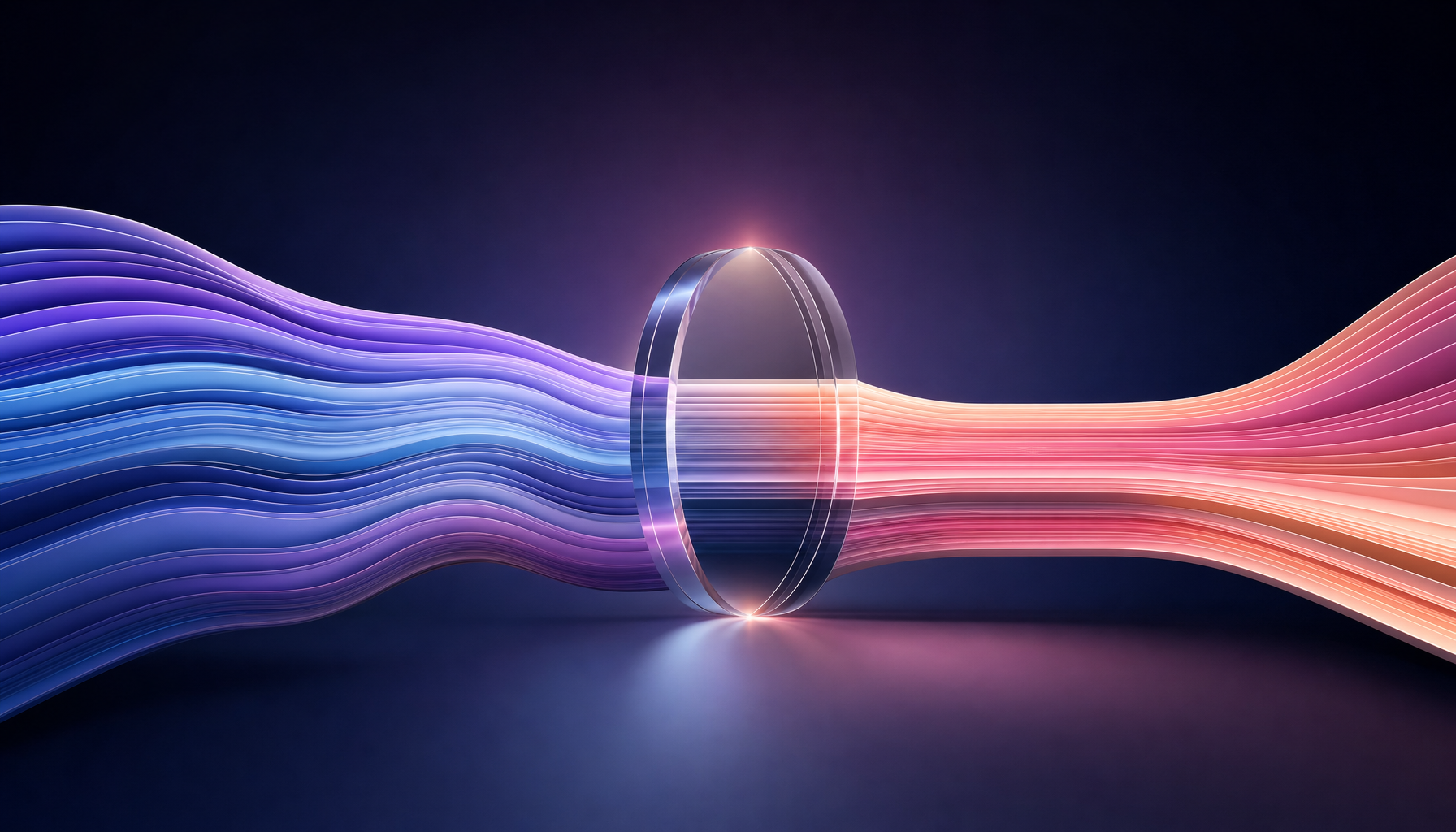 Blue and magenta data streams passing through a clear evaluation lens