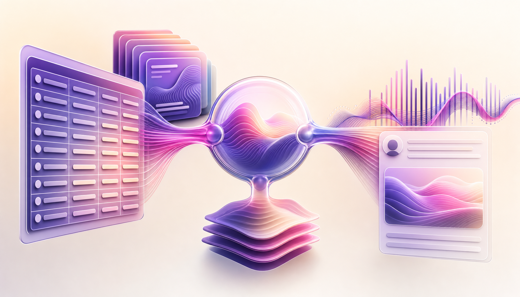 Abstract flow from an RFP questionnaire and knowledge cards through an AI hub to a deal brief.