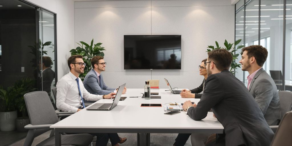 Modern office scene with focused professionals and sleek digital devices.
