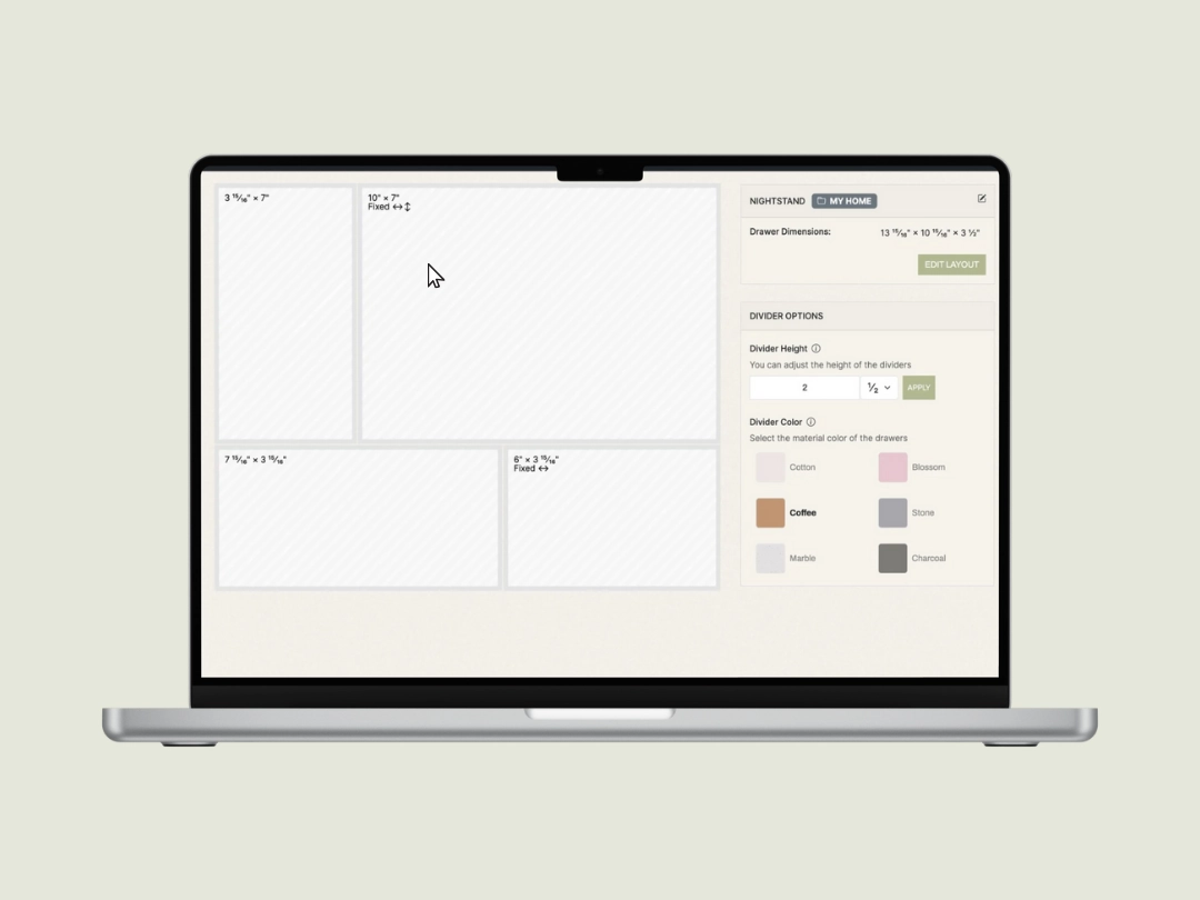 Laptop screen displaying a drawer organizer design interface. The software shows a layout with multiple labeled sections, dimension settings, and options to adjust divider height and color.