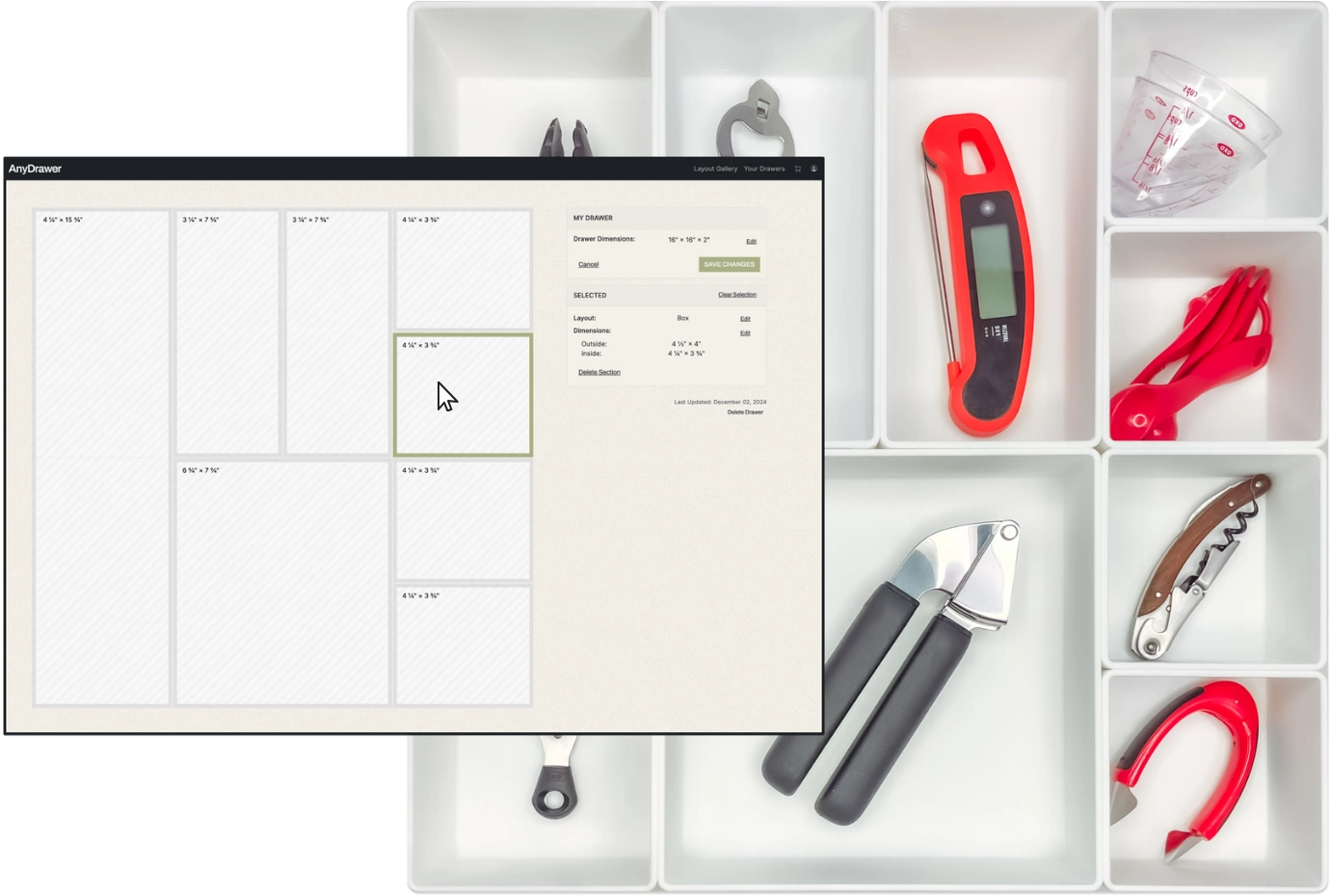 AnyDrawer design tool overlaid on a real custom drawer organizer in the same layout, filled with kitchen tools.