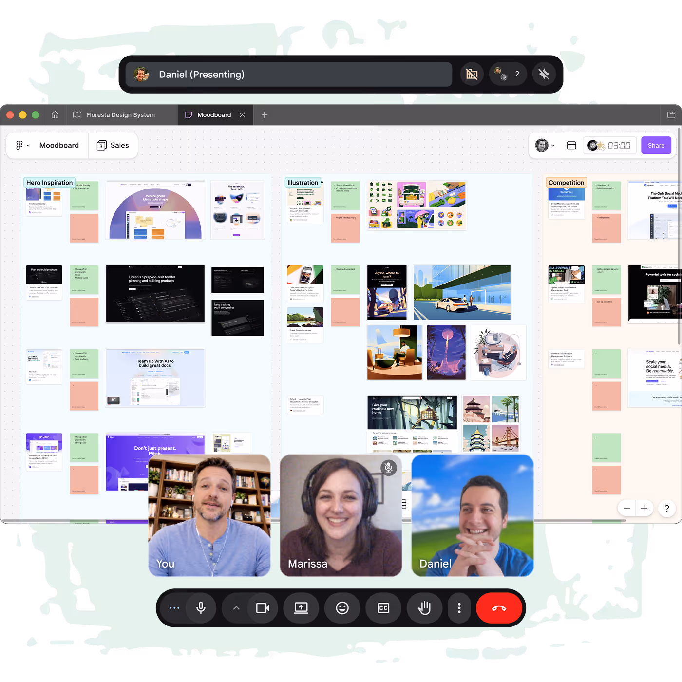 A video call UI with three participants looking at a moodboard.