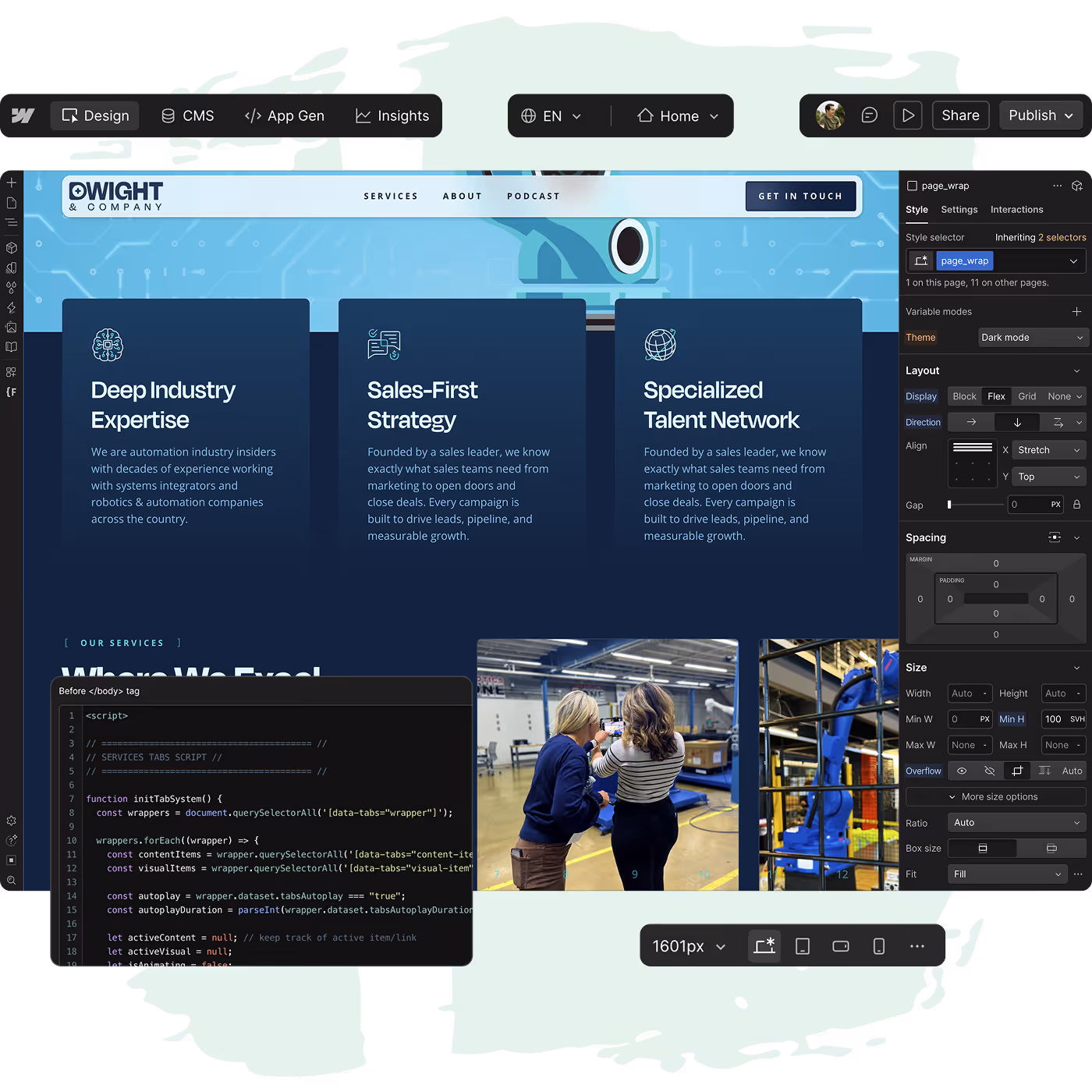 A Webflow UI with floating windows of a website being built.