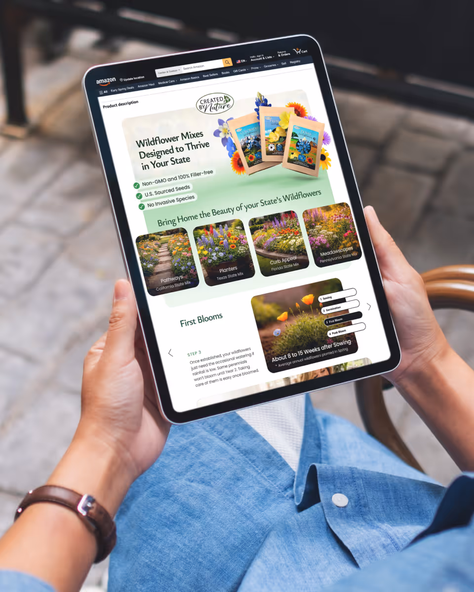 A hand holding an iPad displaying an Amazon A+ Premium design of an e-commerce brand.