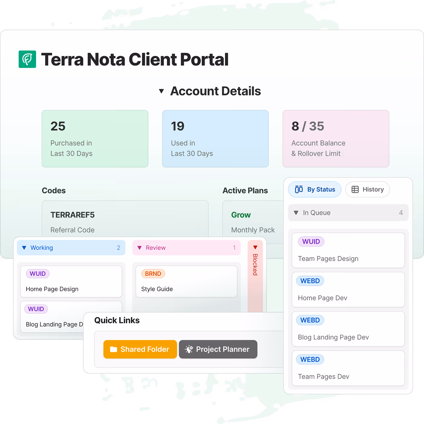 Floating windows depicting a functional and attractive client portal.