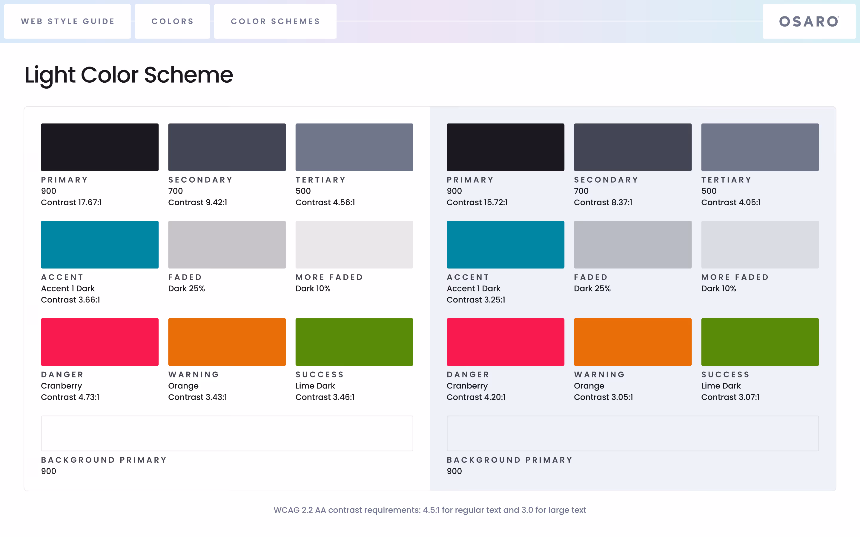 A page of OSARO's style guide, depicting light mode colors.