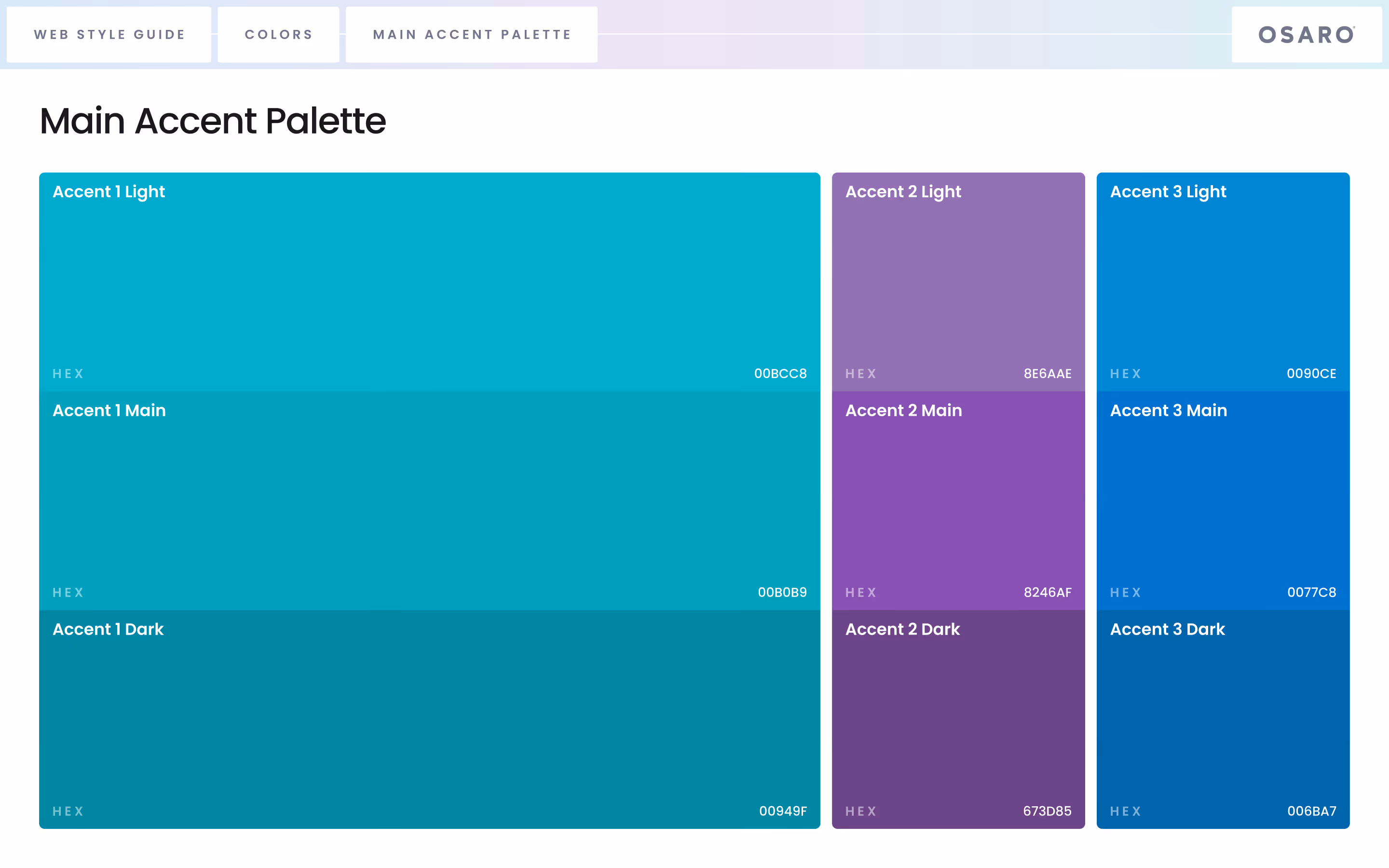 A page of OSARO's style guide, depicting brand colors.