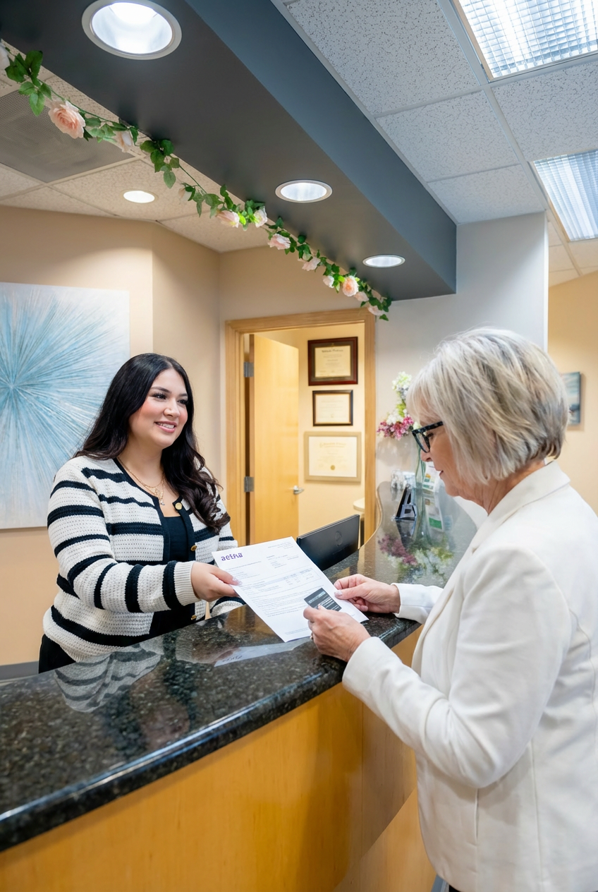 Front desk staff assisting a patient with Aetna insurance documents at iSmile Dental Care in Fairfax, VA