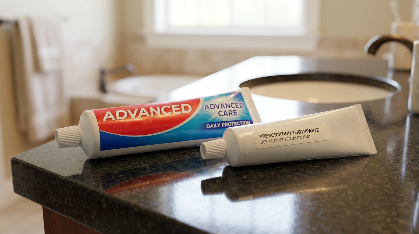A close-up of two distinct toothpaste tubes side-by-side on a dark, polished counter.