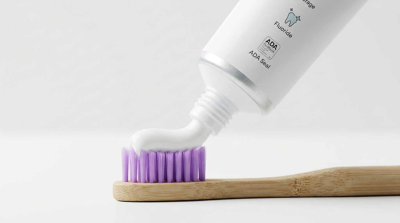 A macro studio shot of a toothpaste tube being squeezed, revealing a ribbon of white paste onto a toothbrush.