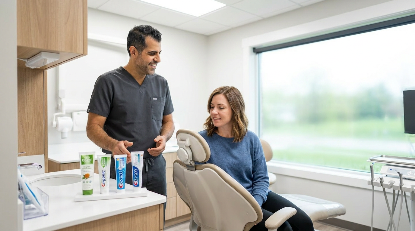 Dr. Arzegar, talks with Heather, who is seated in a modern dental chair, discussing toothpaste options.