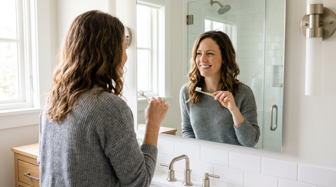 Heather, smiles genuinely while holding a toothbrush with toothpaste, standing in front of a bathroom mirror.