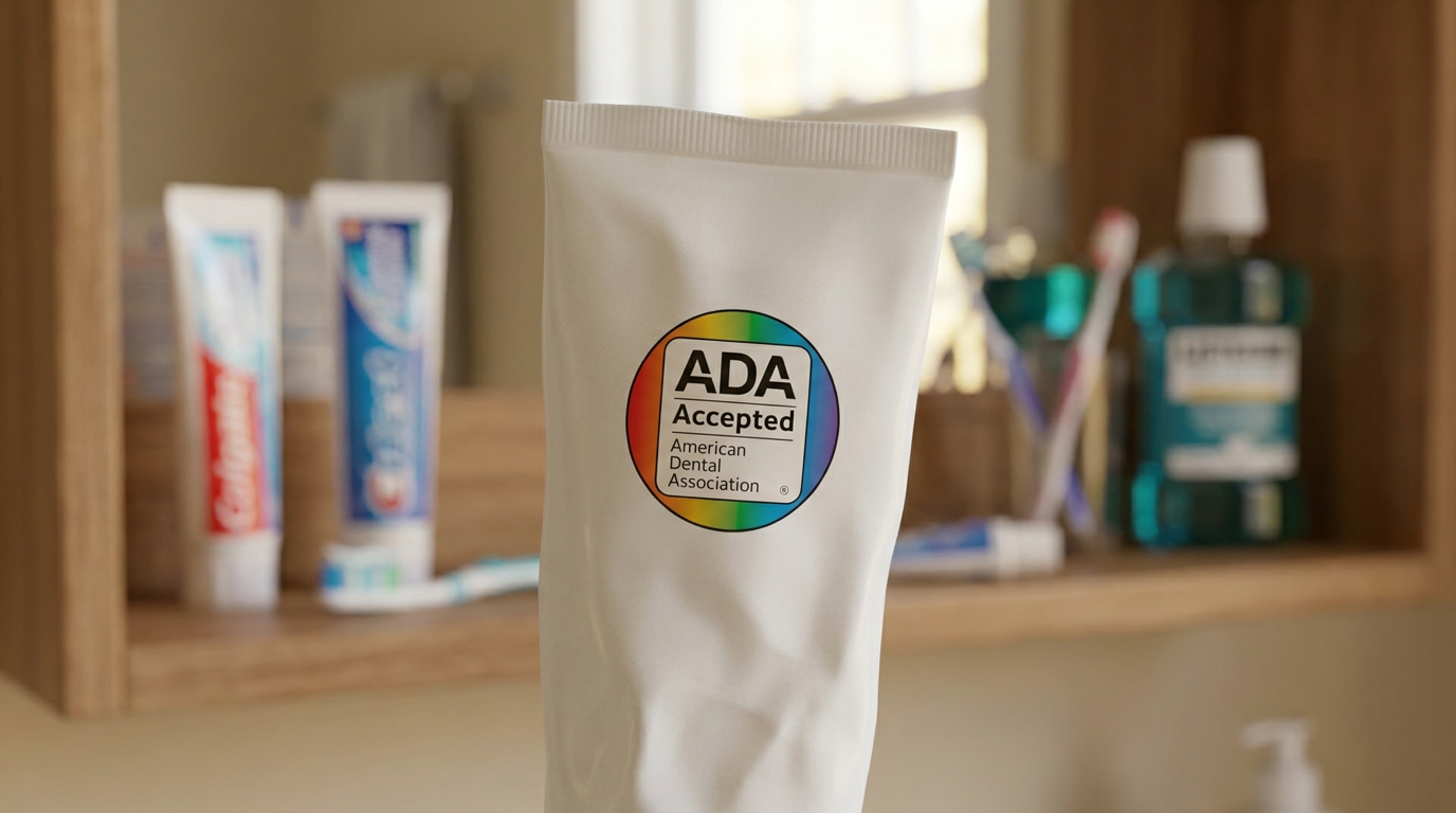 A close-up, high-angle shot of a toothpaste tube displaying a prominent "ADA Seal of Acceptance" logo, with a blurred background of other dental hygiene products on a shelf.