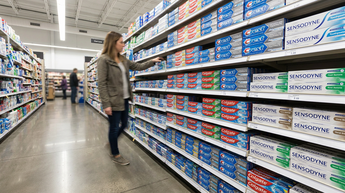 A vibrant and clean supermarket aisle, specifically the oral care section.