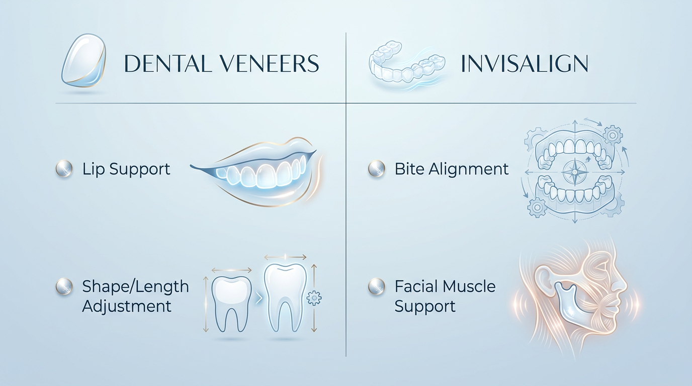 Minimal-text table-style comparison visual showing two columns: "Dental Veneers" and "Invisalign." Under veneers: bullet points for "Lip Support" and "Shape/Length Adjustment." Under Invisalign: bullet points for "Bite Alignment" and