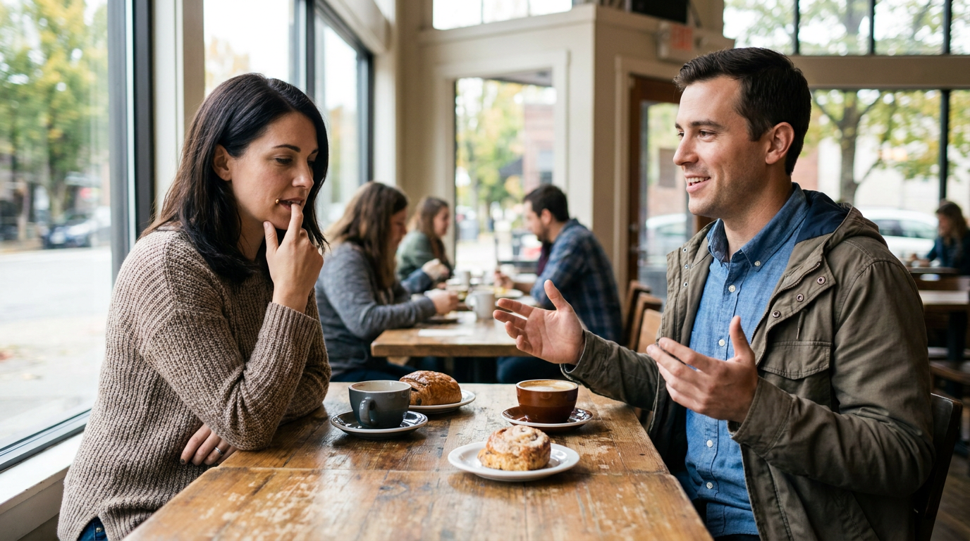 Photorealistic lifestyle dental scene with Lauren, sitting at a cafe table with her friend Ryan.
