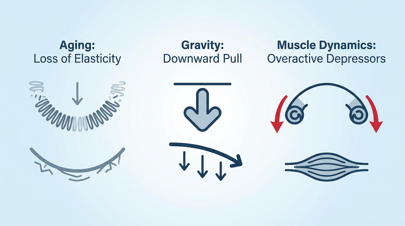 Minimal-text infographic-style visual showing three distinct causes of downturned smiles: "Aging: Loss of Elasticity," "Gravity: Downward Pull," and "Muscle Dynamics: Overactive Depressors" with simple icons for each.