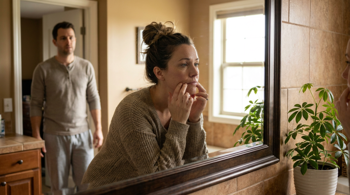 Photorealistic lifestyle dental scene with Lauren, looking into a bathroom mirror with a subtle frown, observing the corners of her mouth.