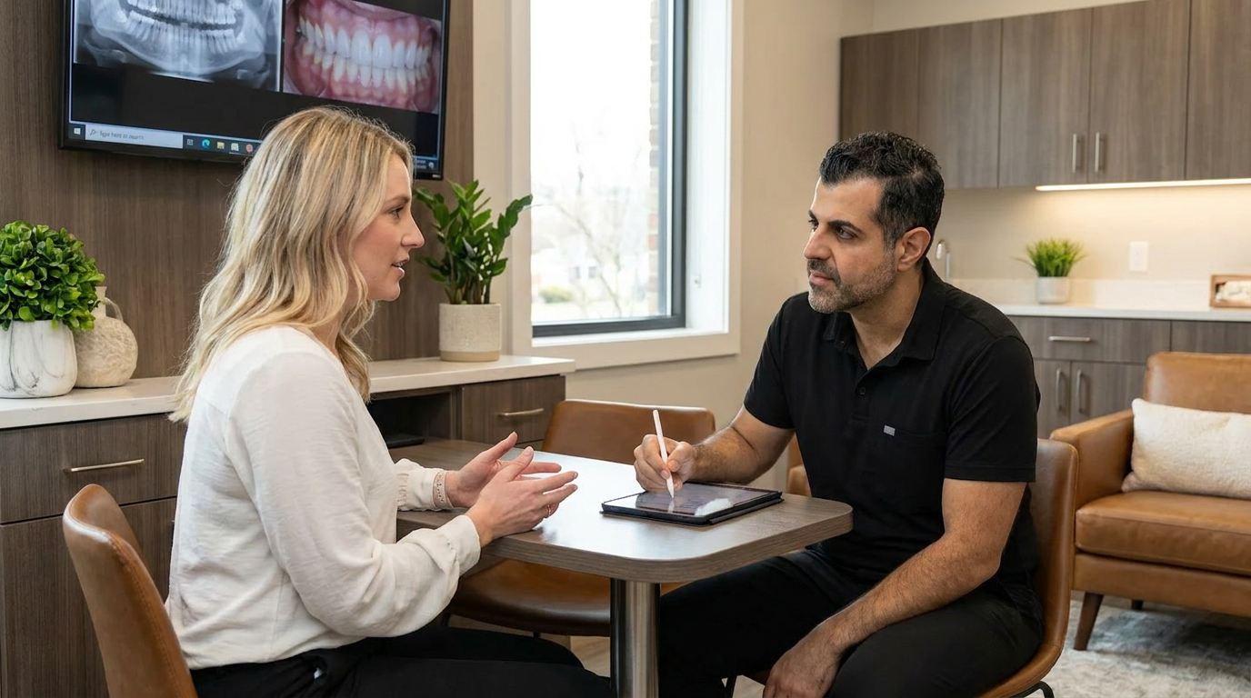 Photorealistic lifestyle dental scene with Dr. Arzegar, intently listening to Lauren, in a modern dental consultation room.
